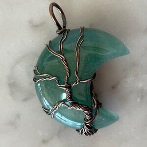 Tree of Life Moon Pendant Copper Wire Wrapped Green